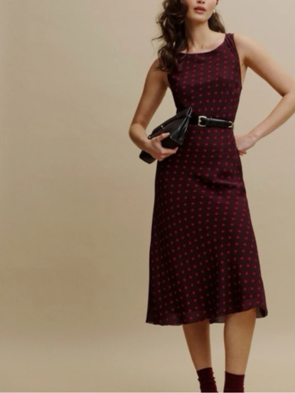 Reformation Burgundy Midi Dress with Pink Polka Dots NWT
